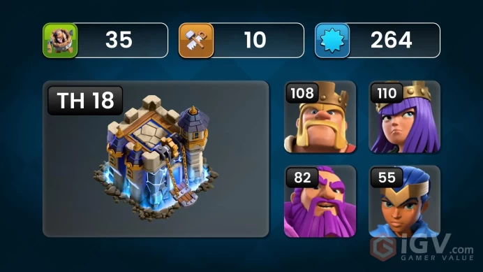 { TH 18 Full Max }{ 16 Equipment Epic - 5 Lv 27 }{ Wall Full Max }{ Hero Max }{ 302 League Medal }{ Defense Max }{ 23 Hero Skin }{ Guaranteed Se