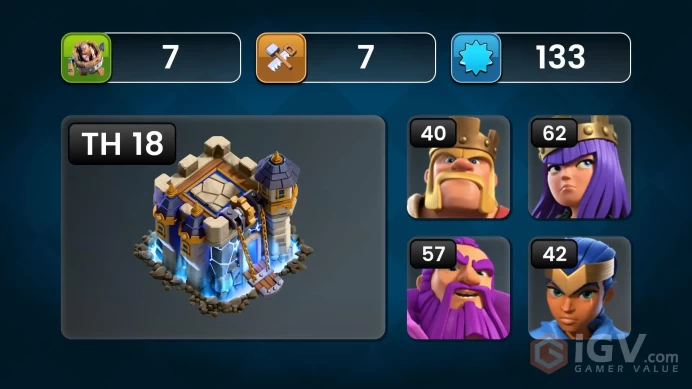 [CC4/l4F] TH18, Lv19 walls, upgraded troops, 320+ camp, ≤6 missing troops/spells/siege, 6-hero total 200+, 11k+ gems, BH6+, 4+ epic equipment 