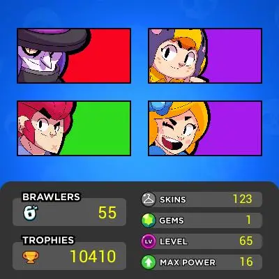 (GemValue:$3783) ■Brawlers:55 ■LVL:65 ■LVL11:16 ■LVL10:5 ■Skins:123 ■HT:10K ■Full Access ■Instant Delivery ■A7211 ______________________________