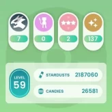 #3865 Level 59, 358 Pokemon, 137 Shiny, 7 Legend, 2 IV 100, 3 Dmax, 6 Shiny Location BG, 0 Shiny Legend, Bag Items 1100, 2M Stardust