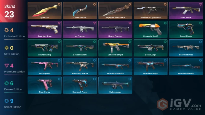 EU - LVL 27 - Unranked - 3 Knifes - 23 Skins (~17,175 VP) Luna's Descent, Magepunk Sparkswitch, Ignite Fan, Sentinels of Light Vandal, Ion Phant
