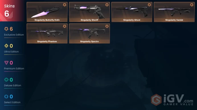 AP - LVL 28 - Unranked - 1 Knife - 6 Skins (~15,225 VP) Singularity Vandal, Singularity Sheriff, Singularity Phantom, Singularity Butterfly Knif