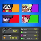 53546 TROPHIES | 34 MAX BRAWLERS | 100 BRAWLERS | 58 HYPERCHARGES | 24 BUFFIES | MYTHIC RANK | iOS/Android | 306 SKINS | BS0276